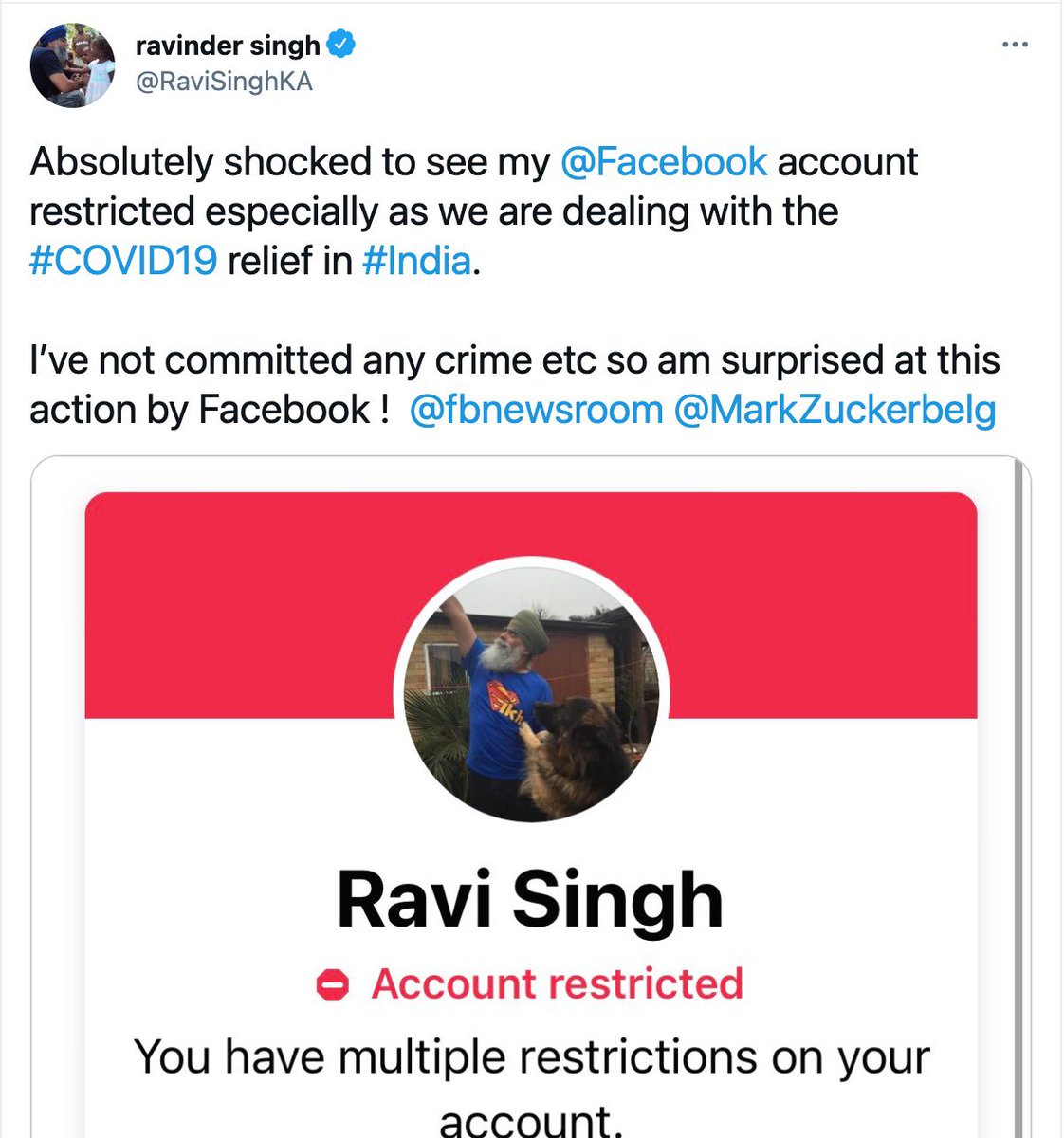 rupikaur_'s tweet photo. not only are social media giants bending to the indian govts demands &amp; censoring the accounts of indian citizens—they’re also silencing global humanitarians like @ravisinghka. this is dangerous. they must be held accountable for their collusion w/ modi.

a story in two pictures: https://t.co/t2EWH7N8pm