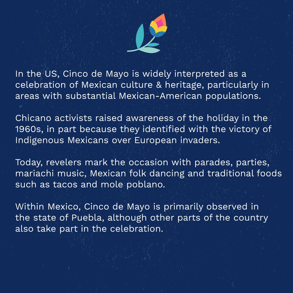 DenverVista's tweet photo. Happy Cinco de Mayo! This holiday is meant to acknowledge the day that Mexico’s army triumphed over foreign invaders, while in America it has become a day to celebrate the culture and heritage of our Mexican neighbors. Check out the info below to learn more about today! https://t.co/O1Xqv1HQSa