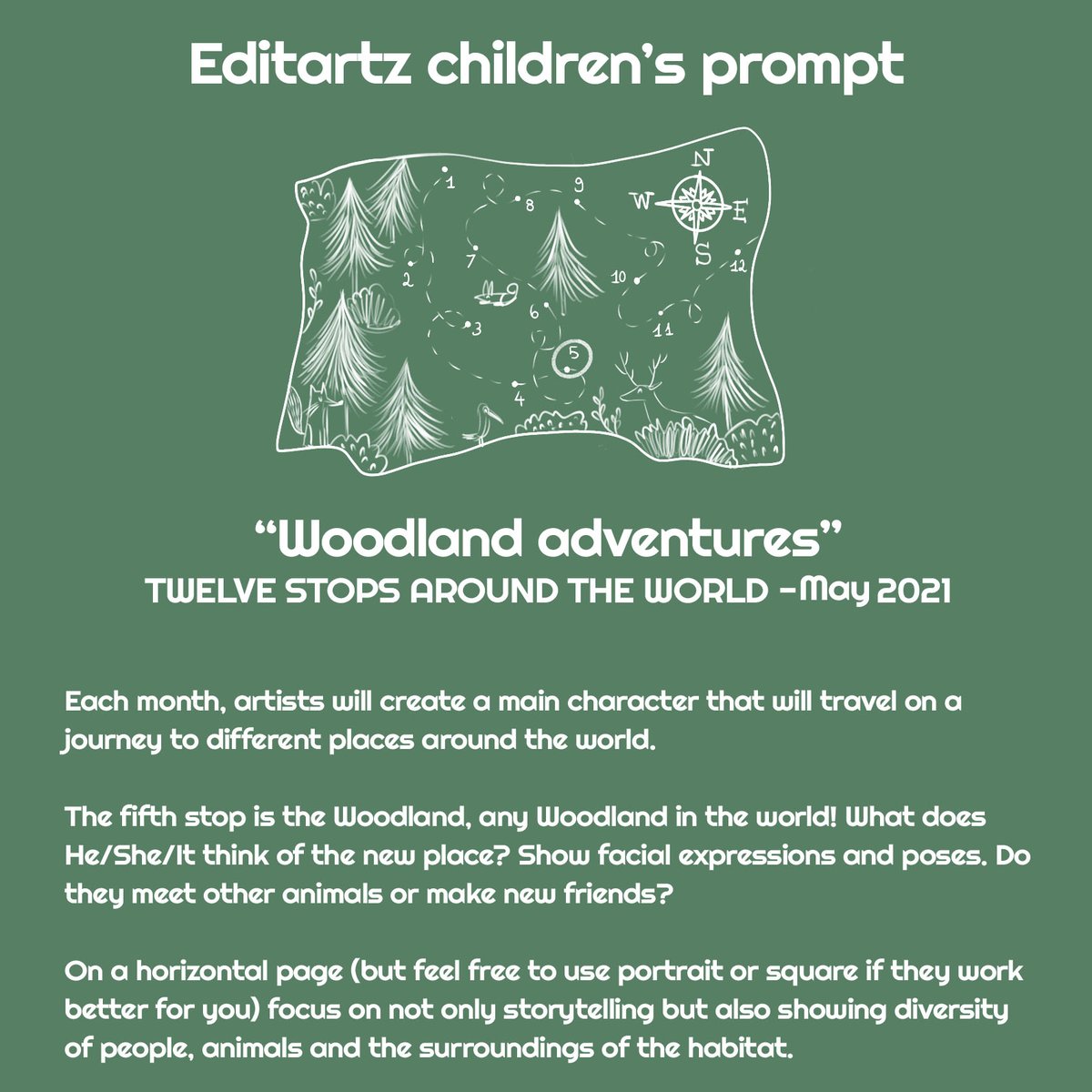 editartz's tweet image. Children's Prompt - May 2021

"Woodland Adventures"

The fifth stop on our TWELVE STOPS AROUND THE WORLD is a Woodland! 
#editartz #illustrationprompts #portfolioillustration #kidlit #illustration #childrensbook #editartz #artpromopt #Woodland #Intothewoods #woodlandillustration