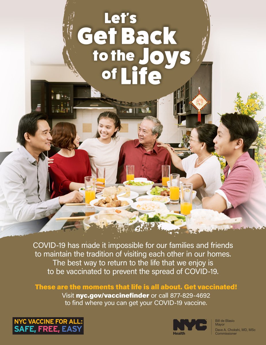 An Asian family sits around a dinner table. Text reads: Let's get back to the joys of life.
