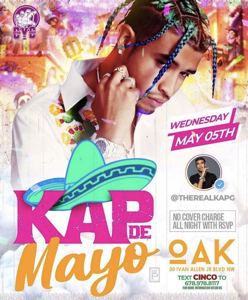 JunaeBrown's tweet photo. Happy #CincodeMayo! Super excited to be helping curate the 1st annual ‘Kap De Mayo’ event tonight at Oak in Atlanta w/ @TheRealKapG!! 

&amp; huge thank u to @lyft for the exclusive discount code! Use KAPDEMAYO for 20% off your ride, see u there! Let’s get back 2 Lyfe🎉 #LyftPartner https://t.co/pKl9TFzoh0