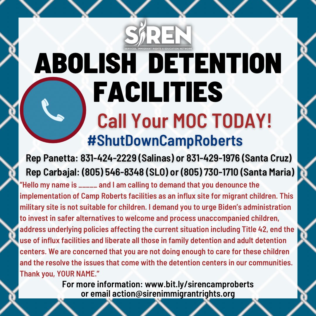 SIRENImmiRights's tweet photo. 🗣Call Representatives Carbajal and Panetta today! Let them know you are against using Camp Roberts to detain immigrant children!! Call your Members of Congress as well!!
DHS comment line: 202-282-8495 
Follow the script on the post!
#abolishice #shutdowncamproberts #endtitle42 https://t.co/PlwNtLUuNq