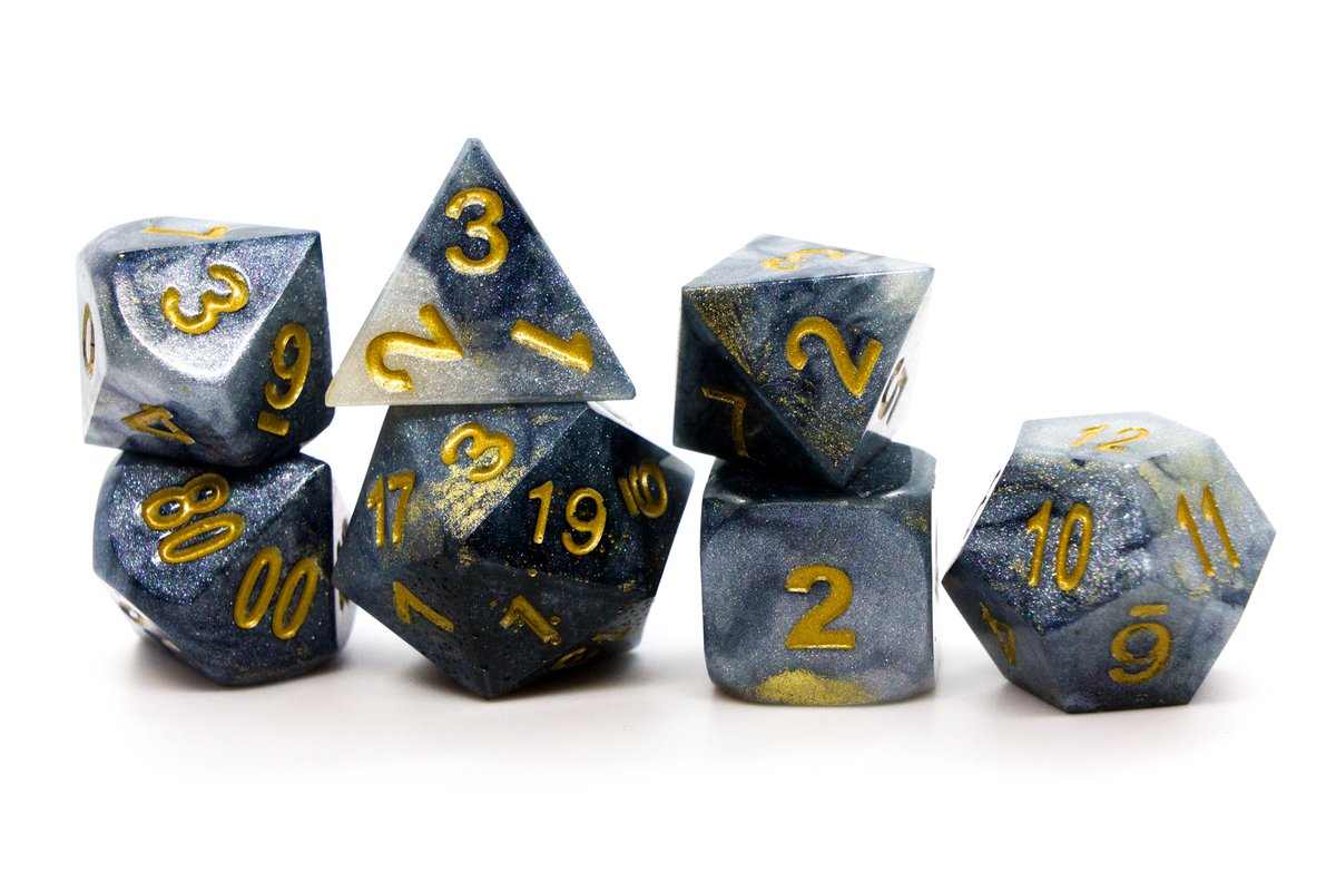 Handmade resin dice in different shades of grey and subtle golden spots on some dice, gold ink for the numbers, very minor flaws on some of the facets that face the lid --> 60 Euro excluding shipping.