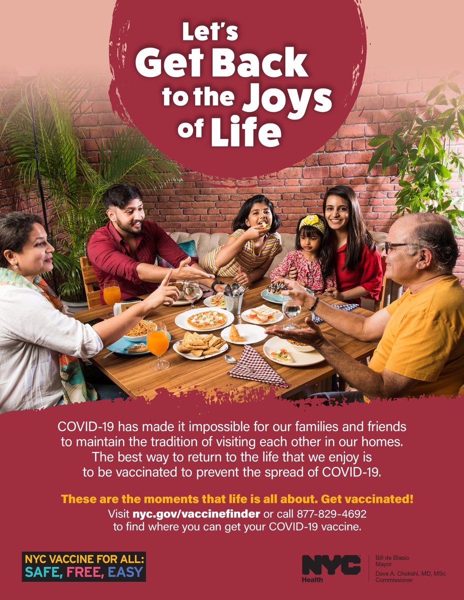 Photo of a multigenerational South Asian family having dinner together. Text reads: Let's get back to the joys of life.