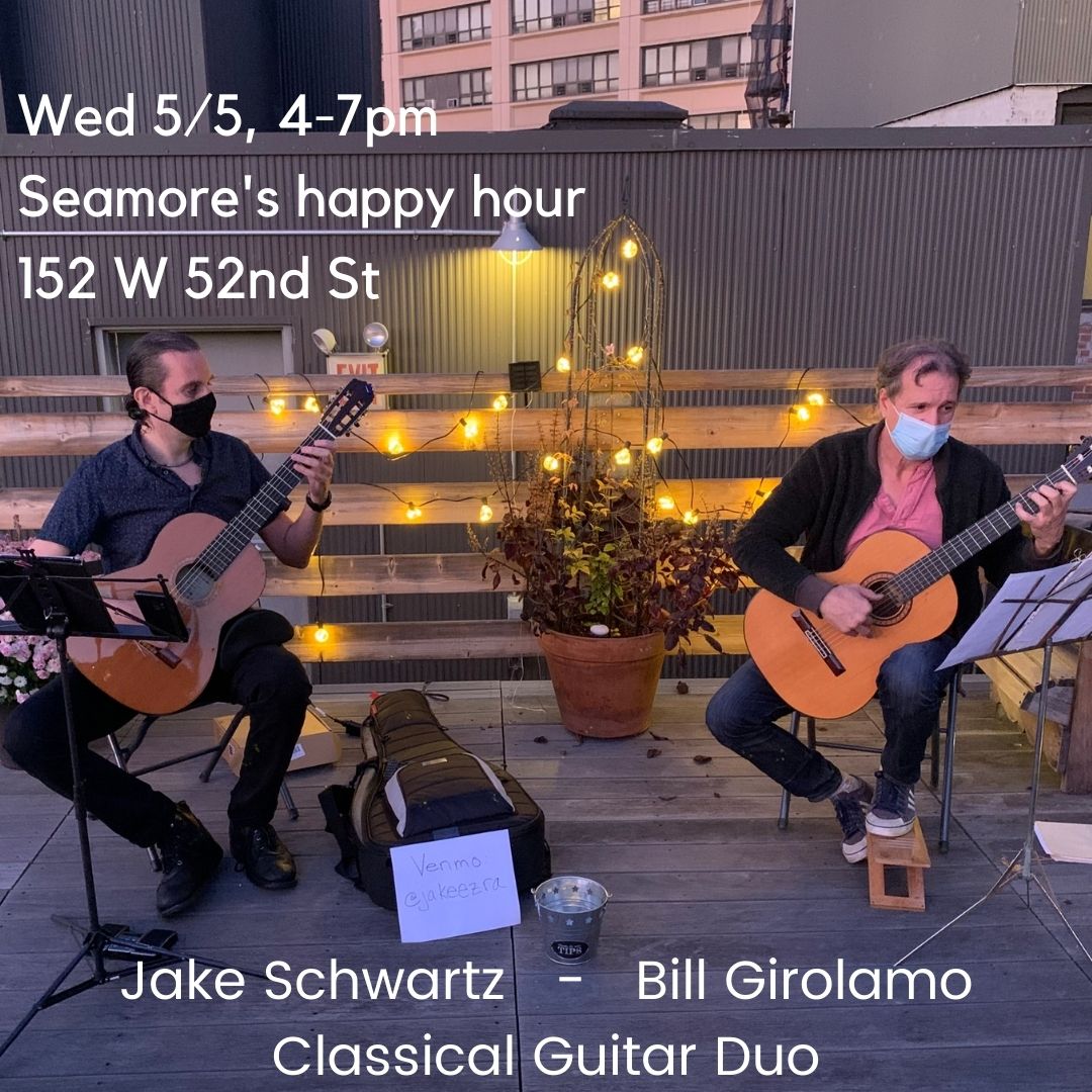 Missing live music? Join us at Market Bar for a special classical guitar duo to match your Cinco de Mayo celebration (yes - our taco happy hour is back today). 

Cinco De Mayo Happy Hour:
@ Market Bar - 152 W. 52nd St 
$5 Tacos | $8 Margaritas