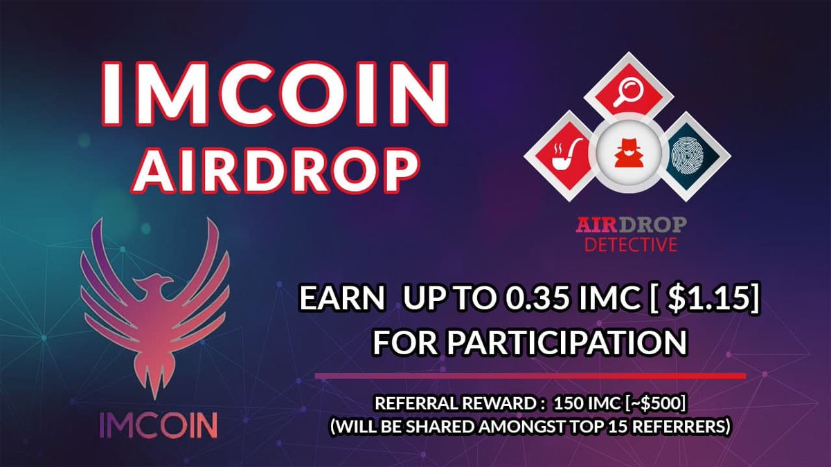 🔍 New #Airdrop: IMCoin

💲 Reward: Up to 0.35 IMC  [~$1.15]+150 IMC [~$500] for top 15 referrers

🔴 Start the airdrop bot: t.me/IMCoinAirdropB…

🔘 Do the tasks on the bot&amp; submit your data

🔘 Details: youtu.be/hj_EJSLmvZ4

#crypto #IMCoin #Bitcoin #AirdropDetective #BNB