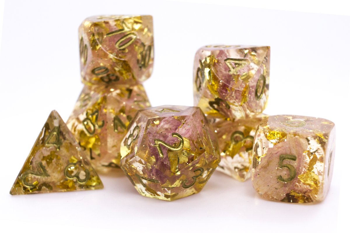 Handmade resin dice with cherry blossoms, glitter, gold leaf foil and gold ink, minor flaws on some of the facets that face the lid --> 50 Euro excluding shipping.
