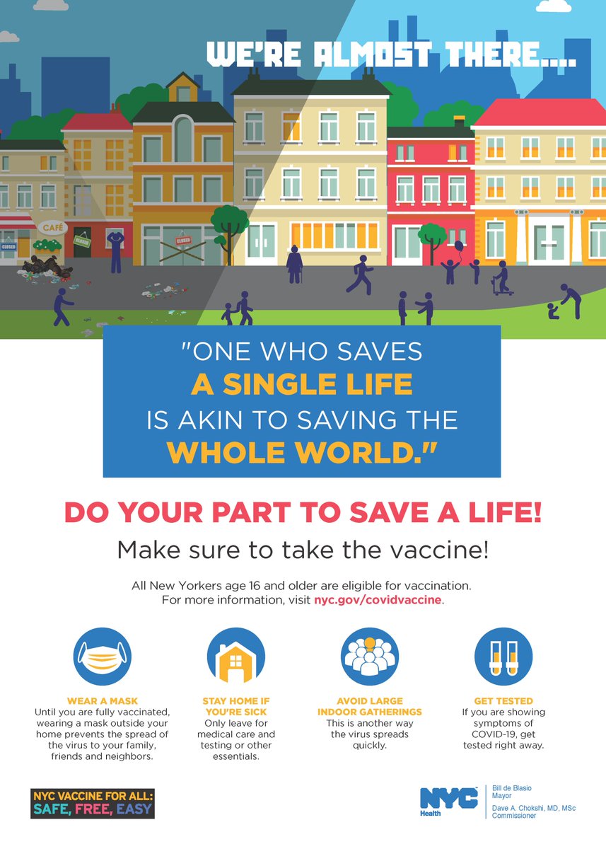 Illustration of a neighborhood in the shadows with debris and broken windows, and then in the light showing stick figures having fun and gathering. Text reads: We're almost there... "One who saves a single life is akin to saving the whole world." Do your part to save a life. Make sure to get the vaccine!