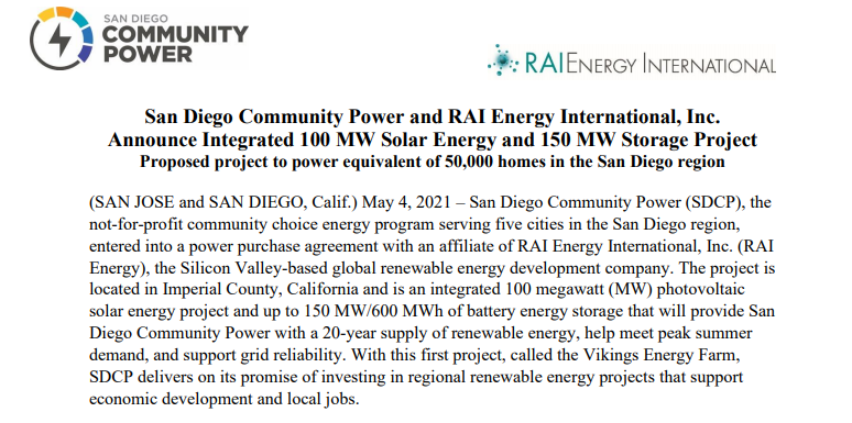 SDCommunityPwr's tweet photo. PRESS RELEASE: SDCP & RAI Energy sign a PPA for 100 MW of solar & up to 150 MW of storage that increases renewable power supply, helps meet summer reliability & supports grid reliability. For more info https://t.co/YZtnkPQtq7 #PathTo100 #Reliability #GreenJobs https://t.co/VKDuSQT2dh