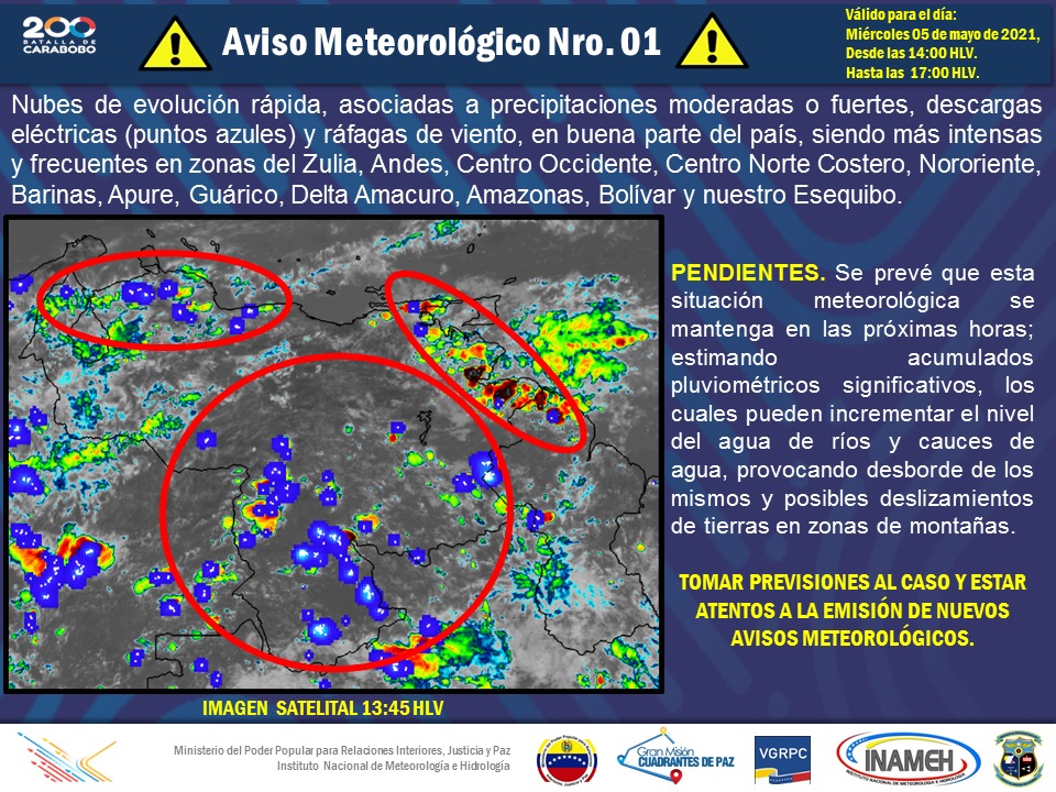 #5May #INAMEHInforma *Aviso Meteorológico Nro.1* #Reporte de las 14:00 HLV @tutiempopereira @gestionperfecta @NicolasMaduro @NestorLReverol @MIJP_Vzla #ElSolDeVenezuelaNaceEnElEsequibo #FANBEnDefensaDeLaDignidad #PrevenirPorLaVida