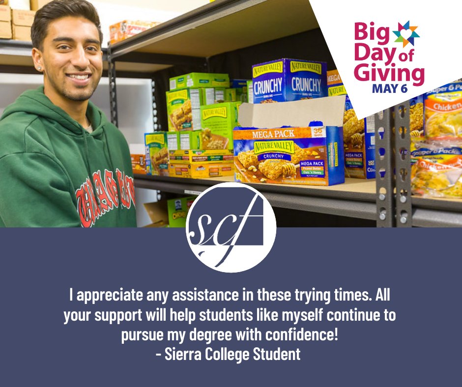 The Big Day of Giving is May 6th! But you don’t need to wait to make your impact – schedule your gift now, and you will make a Big difference to #SierraCollege students! bigdayofgiving.org/SCF #BDOG2021 #SCFGIVES