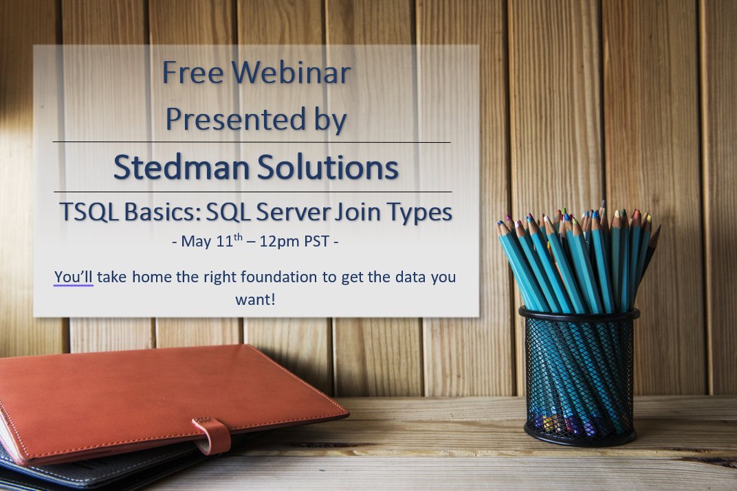 SqlEmt's tweet image. 6 days away from our SQL Join Types Webinar.
It's completely free BUT you do have to register.
Registration Link:
stedmansolutions.ck.page/8588f802e5
#stedmansolutions #SQLwebinar #SQLserverwebinar #jointypeswebinar #sql #sqlserver #Jointypes