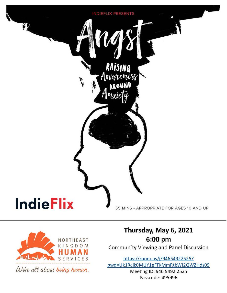 HumanNortheast's tweet photo. As part of Mental Health Awareness Month, join us for a community viewing and panel discussion of the documentary “Angst”.  The movie raises awareness around ANXIETY with a guest appearance by a well-known athlete. Feel free to forward this invitation widely. https://t.co/e7aLJiN1lJ