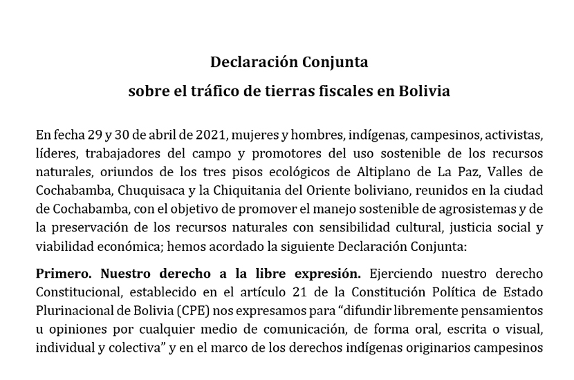 #ANF Promotores del desarrollo sostenible condenaron el tráfico de tierras y, bajo una declaración conjunta, emitieron demandas al Gobierno y a organizaciones sociales del sector campesino indígena. (Vía <a href="/FundacionTIERRA/">Fundación TIERRA</a>) 
Lea la declaración en: bit.ly/33hWiJ5