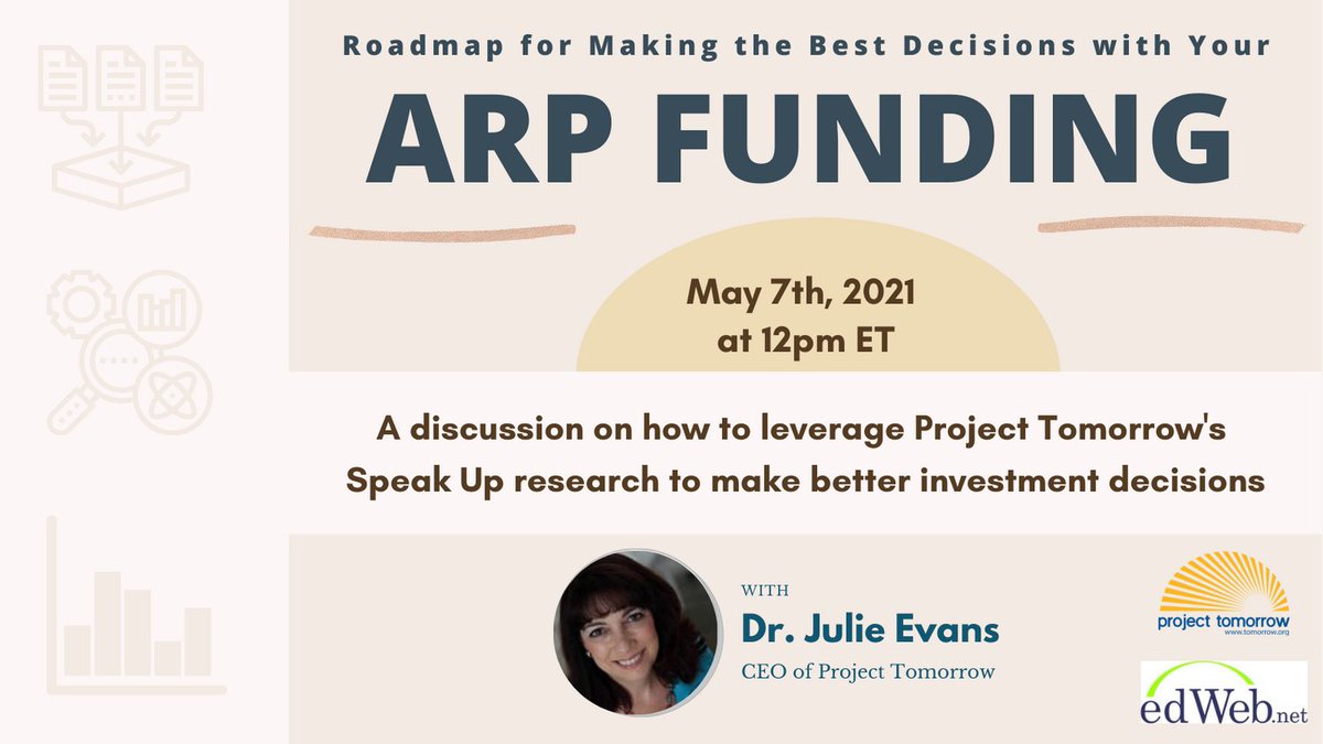 ProjectTomorrow's tweet photo. Don't miss Friday's webinar with @DrJulieEvans_PT on how to make the best decisions with your ARP Funding!
@Edwebnet #education #districtleaders #arpfunding https://t.co/OYUoDQo4Qt