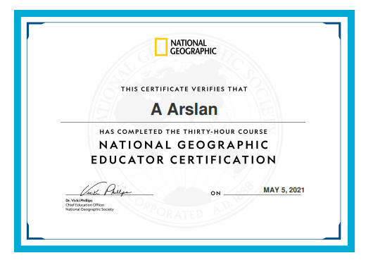 AArslan2019's tweet image. Stoked! I am officially a #NatGeoCertified Educator! Thank you @NatGeoEducation for a fabulous course  - I learn so much more with every National Geographic course I take! Thank you @TeachGulati  for being an amazing mentor!