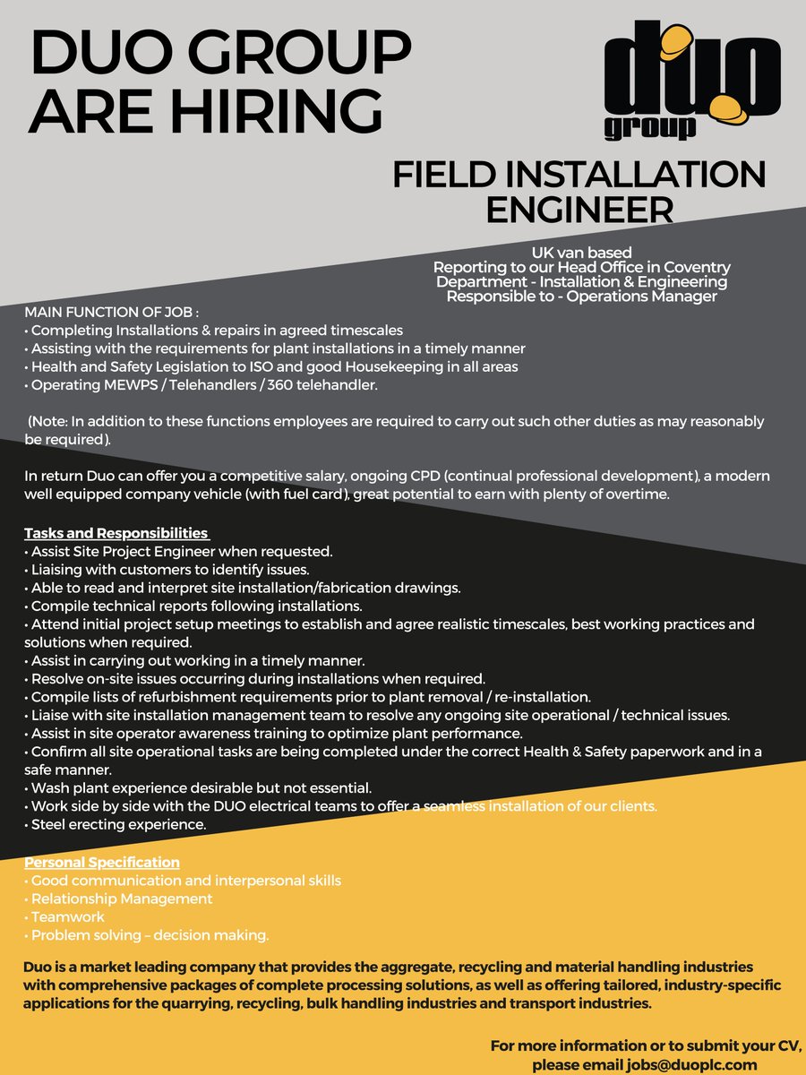 Join our team at Duo Group! Exciting new opportunity for a Field Service Engineer - for more information please see contact details attached. #hiring #recruitment #nowhiring #opportunity #jobs #jobsearch #careers #joinourteam #FieldInstallationEngineer #recruiting #engineering