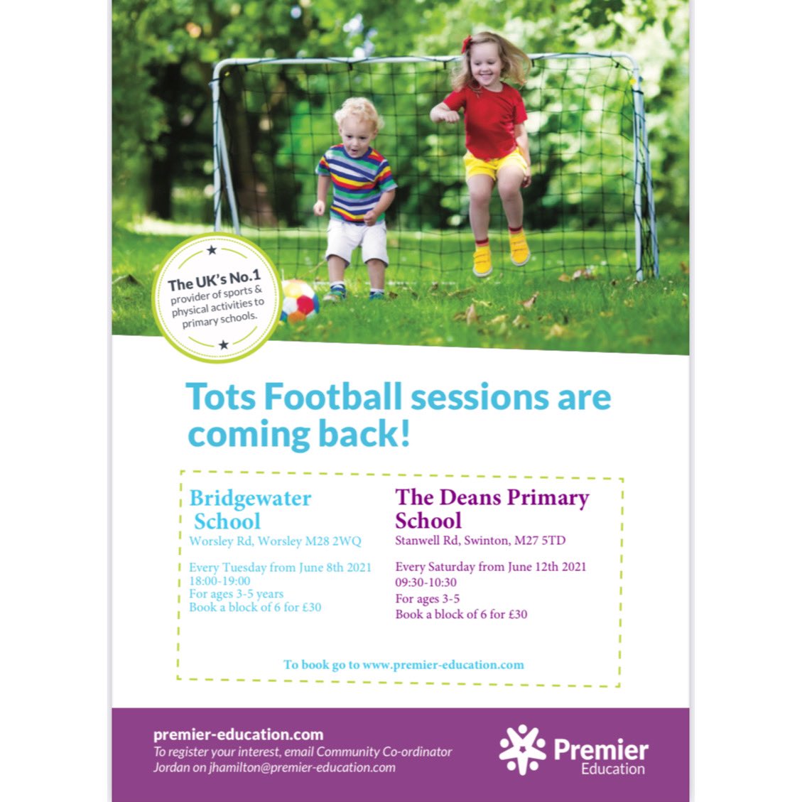 Tell your family, friends, tell everybody! Premiers Tots Football and Girls only Football sessions are coming back in June!🔥 To book your child’s place head over to premier-education.com 

#GirlsFootball #Football #TotsFootball #Salford #Worsley  
@BWSPrep @thedeansprimary