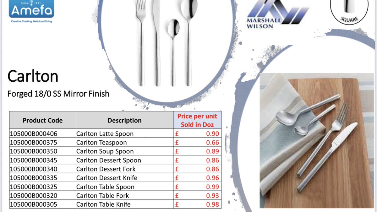 MarshallWilsonP's tweet photo. We are very pleased to offer @AmefaUK #cutlery at #bargain prices. In stock and available now for collection, or free delivery. 4 elegant designs. #catering #restaurant #cafe #bistro #hotel #diner #tabletop #hospitality #glasgow #scotland #uk 🍴 https://t.co/vb93j9WlNf
