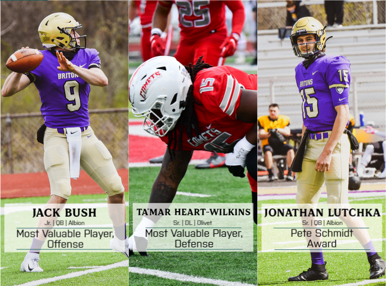 #D3MIAA Sports (@miaa1888) on Twitter photo Jack Bush of <a href="/gobrits/">Albion Athletics</a> was selected #D3MIAA offensive MVP and Ta'Mar Heart-Wilkins of <a href="/OlivetAthletics/">The University of Olivet Athletics</a> was named defensive MVP. Jonathan Lutchka of <a href="/gobrits/">Albion Athletics</a> received the Pete Schmidt Award.
For a complete list of All-MIAA honorees, visit miaa.org/x/fiwn8.
#MIAAfb Jack Bush of <a href="/gobrits/">Albion Athletics</a> was selected #D3MIAA offensive MVP and Ta'Mar Heart-Wilkins of <a href="/OlivetAthletics/">The University of Olivet Athletics</a> was named defensive MVP. Jonathan Lutchka of <a href="/gobrits/">Albion Athletics</a> received the Pete Schmidt Award.
For a complete list of All-MIAA honorees, visit miaa.org/x/fiwn8.
#MIAAfb