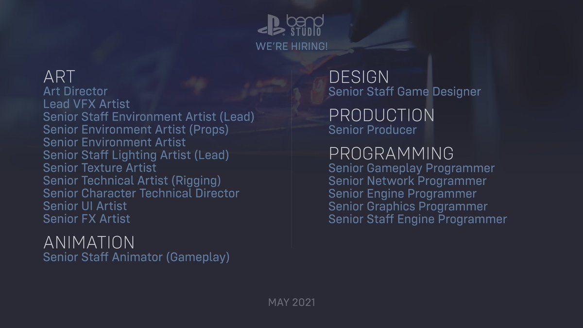 BendStudio's tweet image. Bend Studio is hiring! Take a look at our current open positions and join our team in creating the next AAA game.

Apply at bendstudio.com/careers.
