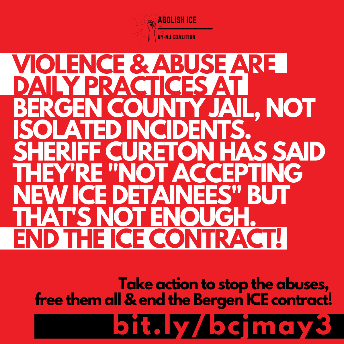 On May 3, Bergen County Jail guards violently attacked people in ICE detention. Now 5+ people are in lock-up. They're demanding their release, medical attention &amp; basic respect! Take action to amplify their demands, free them all &amp; end the ICE contract: bit.ly/bcjmay3