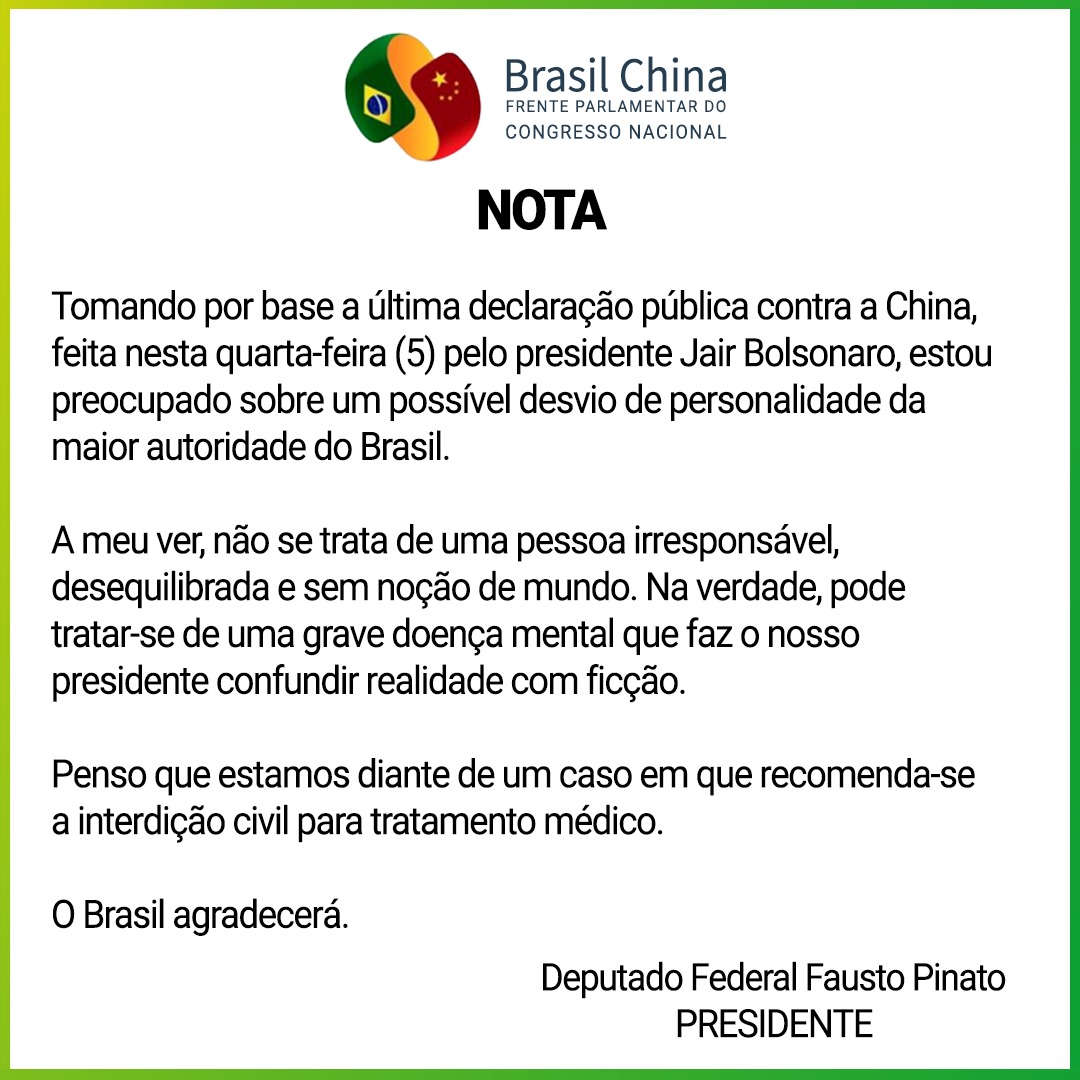DepFaustoPinato's tweet photo. NOTA DA FRENTE PARLAMENTAR BRASIL CHINA sobre as declarações do presidente Jair Bolsonaro, nesta quarta-feira (5). Não compactuaremos com afirmações desrespeitosas e irresponsáveis contra a China, que tem sido grande parceira do Brasil na luta contra a pandemia da Covid-19. https://t.co/owi3GJ1Wl7