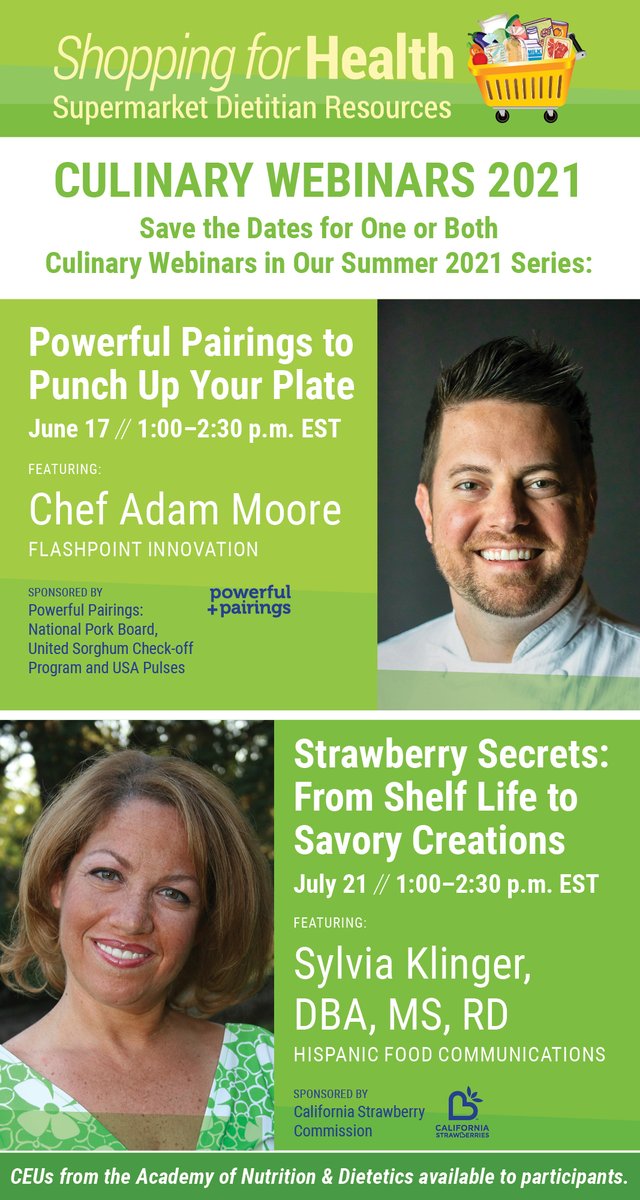 Shopping4Health's tweet photo. Supermarket RDs! Look for these great SFH culinary webinars coming this summer. Save the Dates - 6/17 for #PowerfulPairings and 7/21 for #castrawberries! https://t.co/W6WKmD2sSd