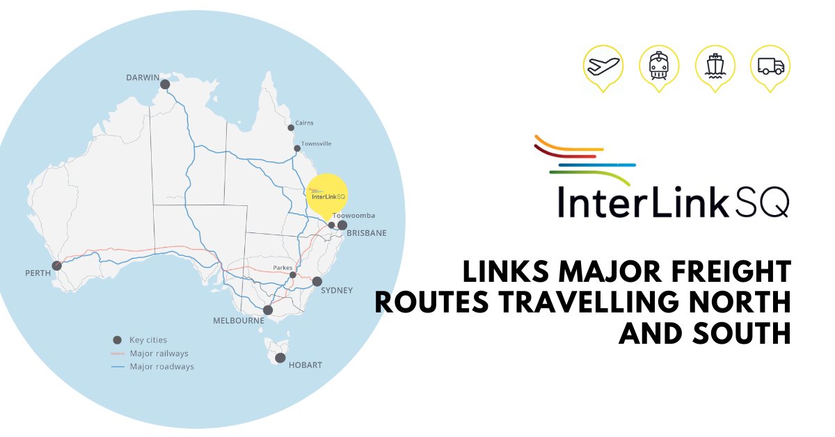 InterLinkSQ's tweet image. Like Parkes links major freight routes in NSW, InterLinkSQ is at the junction of major freight routes (in blue) running to North and South Australia in Queensland.  🙂

#servicingourcommunity #inlandrail #tsbe #freightandlogistics #toowoombaregion