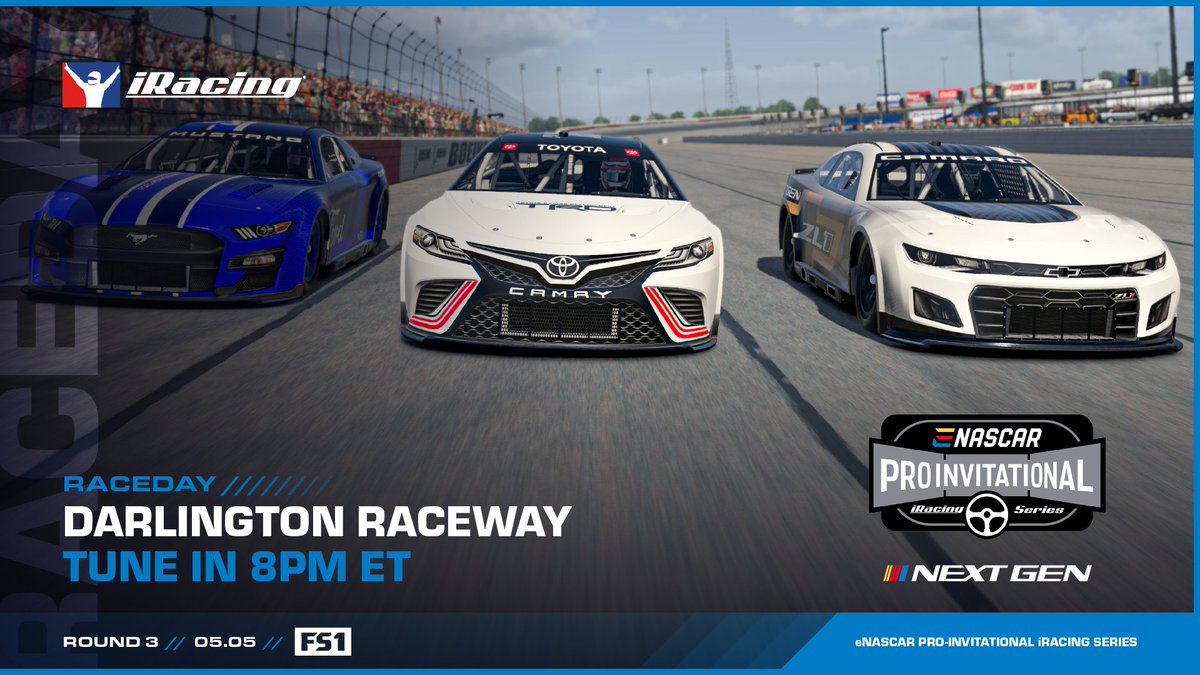 #NextGen virtual action live from the Lady in Black!

Don't miss the eNASCAR Pro Invitational iRacing Series tonight. Green flag flies at 8:00pm ET on FS1!