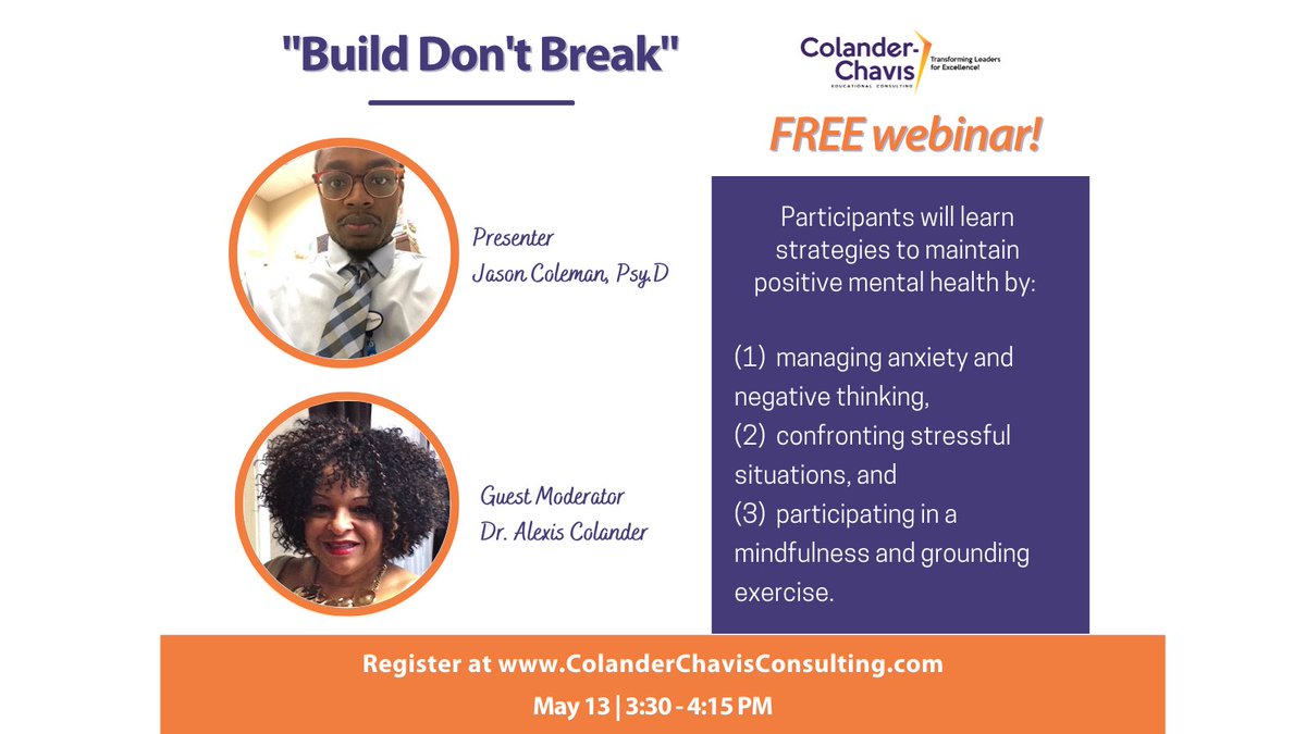 There's no better time to prioritize your mental health than right now! Join Jason Coleman, Psy.D and <a href="/Arcedd3/">Alexis R. Colander, Ed.D.</a> for our FREE webinar on maintaining positive mental health! 📲 bit.ly/3b6oh2L