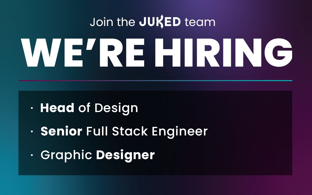 FishStix's tweet image. BIG ANNOUNCEMENT! 

@JukedGG is hiring 3 huge new roles:

📐 Head of Design
💻 Senior Full Stack Developer
🎨 Graphic Designer

Buried in those job descriptions... we're making a mobile app! 😱 and the future of Juked is social🗨️

Join us! Apply now: jobs.ashbyhq.com/juked