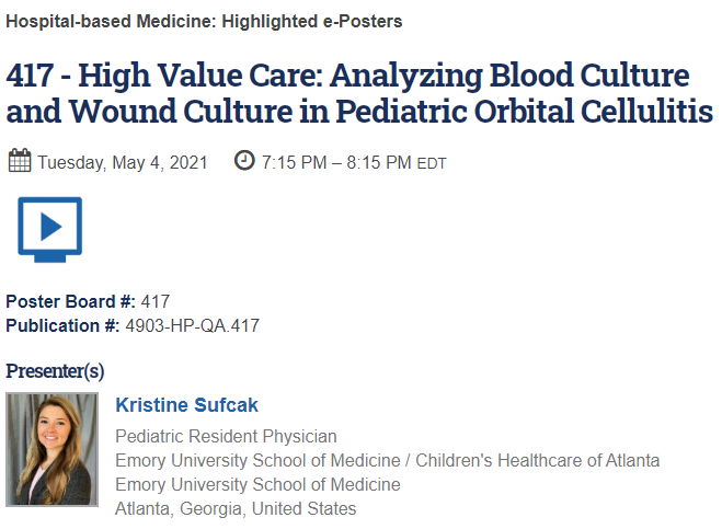 Next, Dr. Kristine Sufcak (PGY3), pediatric podcast host of  #MDNotified, presented her work on  #HighValueCare in Pediatric Hospital Medicine. #PAS2021  #PHM