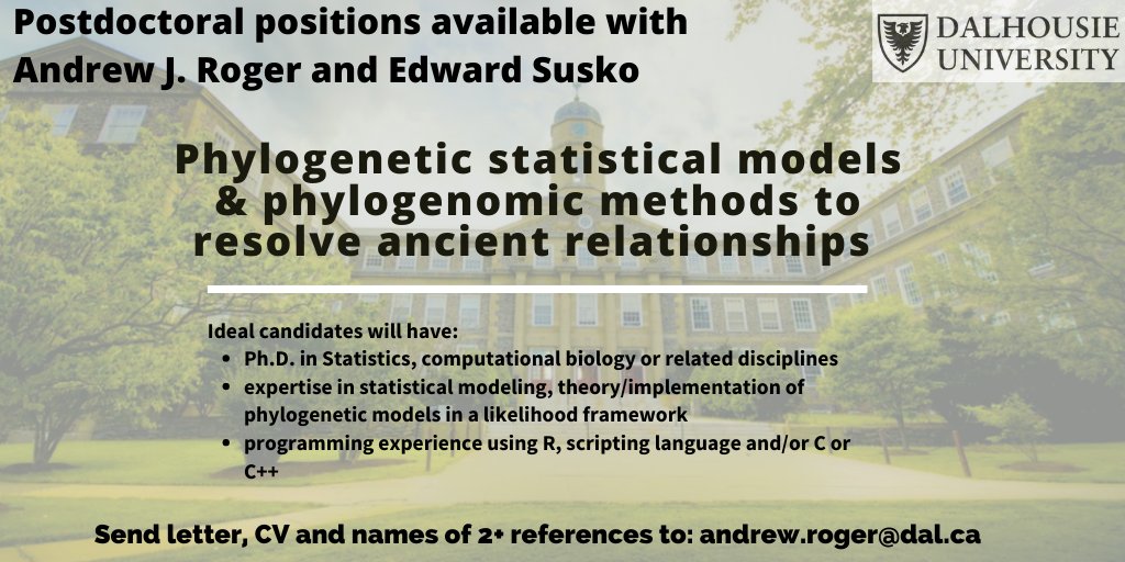 andrewjroger's tweet photo. We have a 2-3 year postdoctoral position available at Dalhousie University to work with me and Ed Susko on solving the fundamental phylogenetic problems related to one of the major transitions in evolution: the origin of eukaryotic cells! https://t.co/x3VuTbm9N0