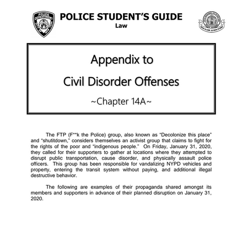 AshAgony's tweet photo. The NYPD unsurprisingly took the chance to talk shit about the #FTP protests in late 2019/early 2020.
The NYPD Civil Disorder Module demonizes FTP protesters & includes protest materials from #FTP3. https://t.co/nm78OJ6mtR
