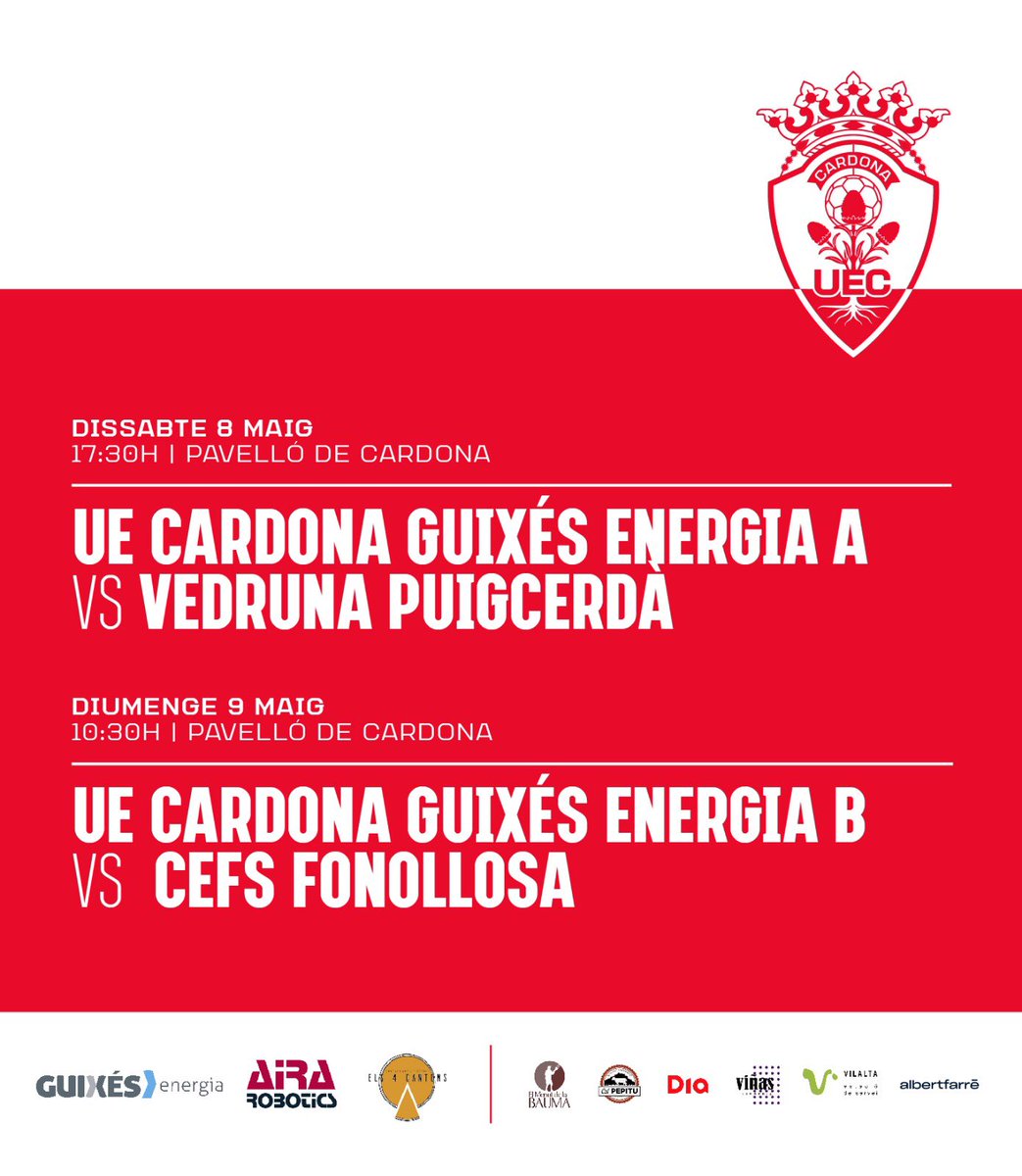 Aquest cap de setmana doble ració de #futsal al Pavelló Municipal!
📆 Dissabte 8 ⏰17:30h
⚔️ UE Cardona Guixés Energia “A” Vs <a href="/VedrunaPuigcer/">Vedruna Puigcerdà</a> 
📆Diumenge 9 ⏰10:30h
⚔️ UE Cardona Guixés Energia “B” Vs Fonollosa
#SomUnió #WeAreCardona ⚪️🔴