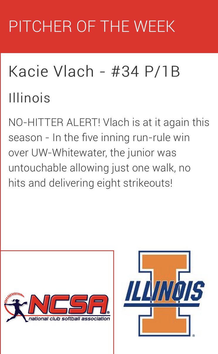 National Player &amp; Pitcher of the Week

Congratulations‼️
Parker Greene (NC State) <a href="/NCSUclubSB/">NC State Club Softball</a> 
Kacie Vlach (Illinois) <a href="/UIUCsoftball/">University of Illinois Club Softball</a> 

#clubsoftball #ncsa