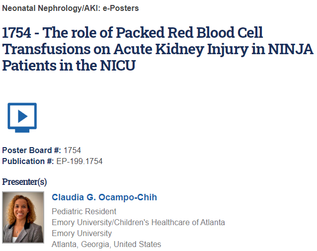 Next up, we've got Dr.  @ClaudiaGOcampo (PGY3), rising  @VUMCchildren  #NICU fellow, sharing her work on Neonatal AKI!  #NINJA  #PedsNeph  @NeonatalKidney  #PAS2021  @BabyBeanDoc