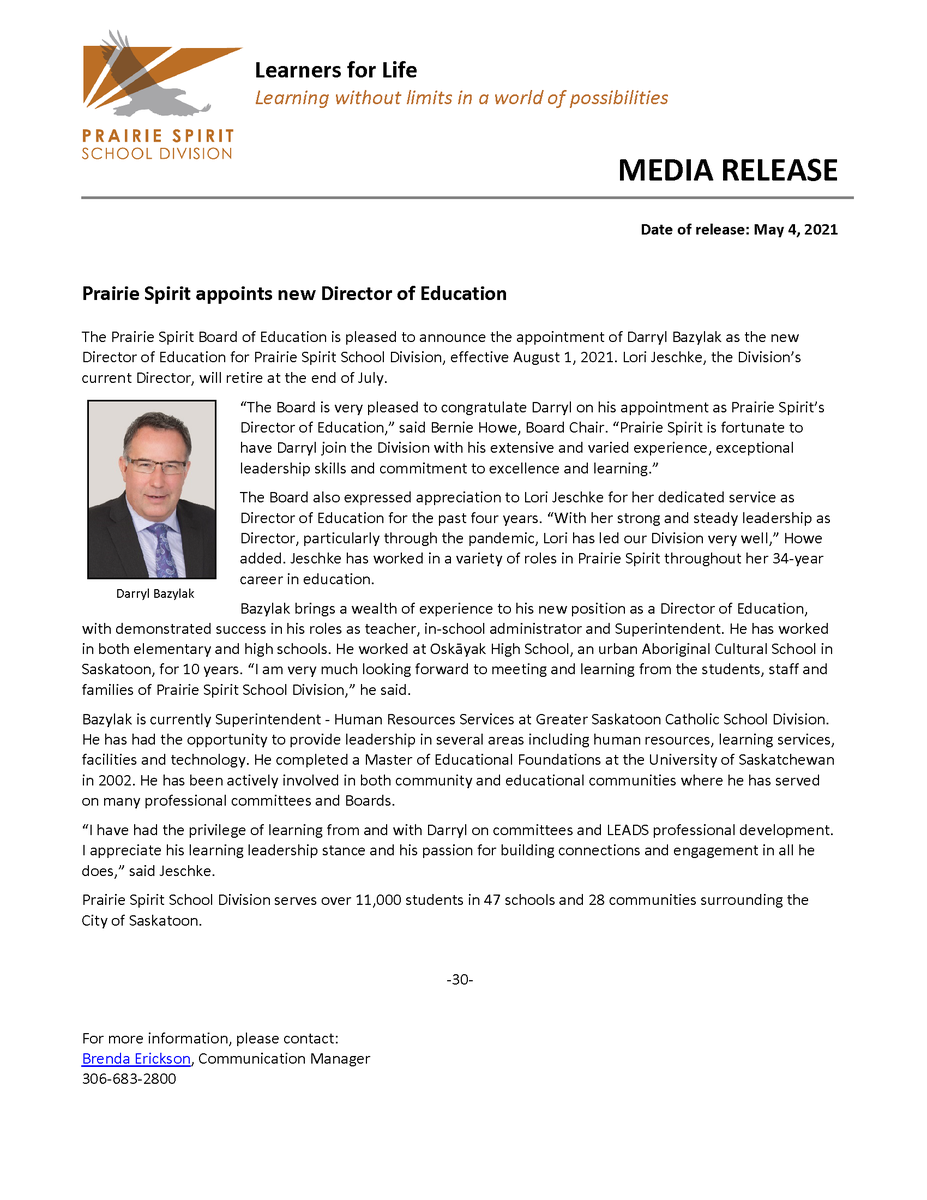 prairiespiritsd's tweet photo. Director appointment:
The Prairie Spirit Board of Education is pleased to announce the appointment of Darryl Bazylak as the new Director of Education, effective August 1.

Welcome to Prairie Spirit, Darryl! #pssdprideandjoy

https://t.co/FFs2qWPezj https://t.co/9Lkq6dRUia