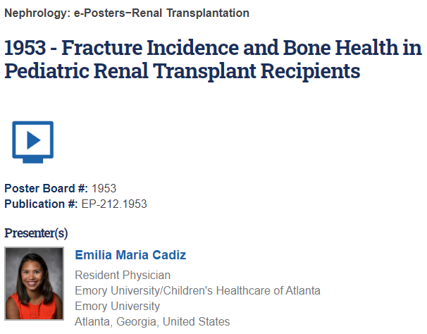 Dr.  @CadizOnCall shared her findings on fracture incidence and bone health in the pediatric kidney transplant population at  @childrensatl. Thankful for great mentors like  @RoshanPGeorgeMD! #PedsNeph  #Transplant  #CKD  #BoneHealth  #PAS2021