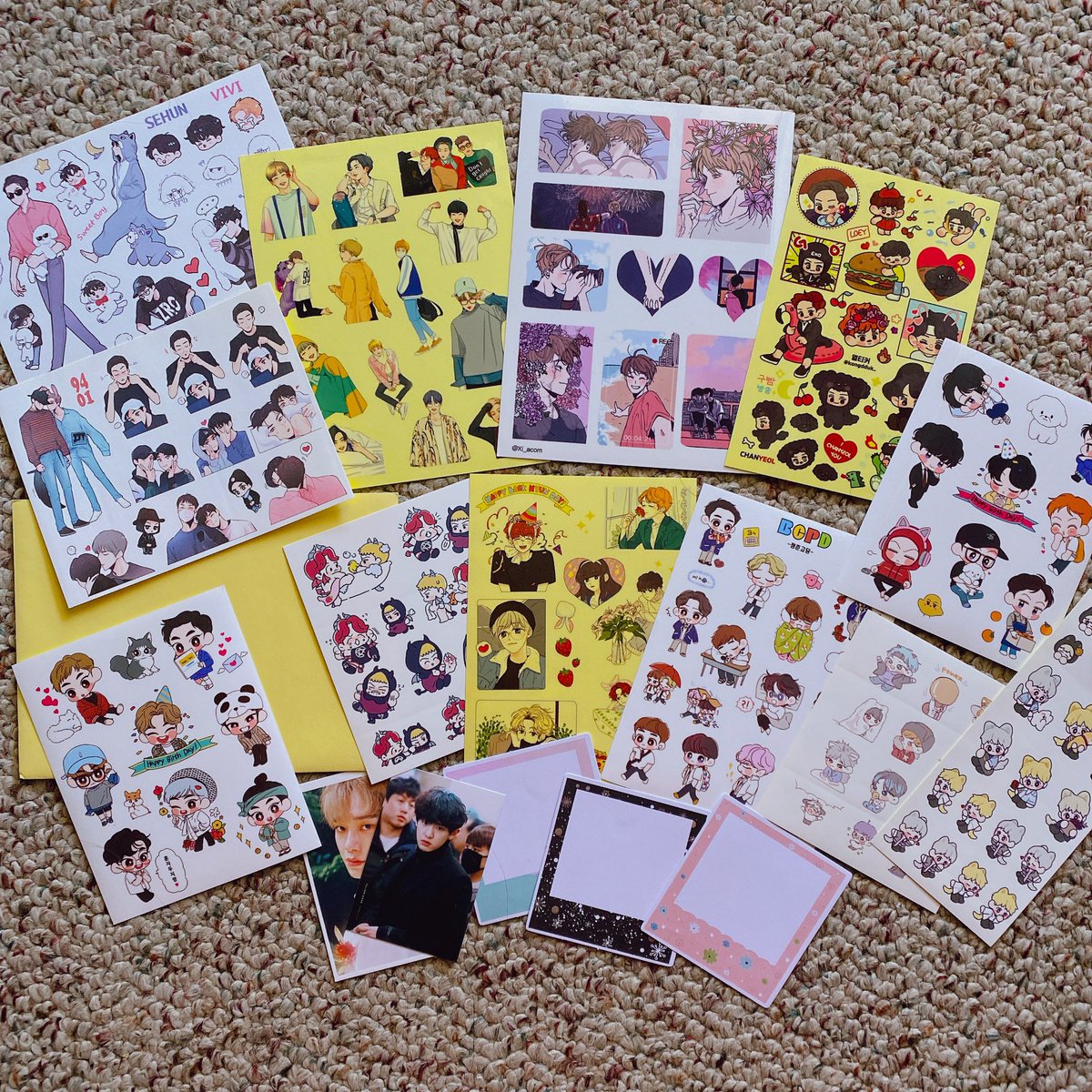 tenko1485's tweet photo. Yellow envelope Kpop exo sticker bundle, all sticker sheets and mini prints/bujo stickers pictured are included and always freebies such as cut out stickers included 

$6.50+$0.50 stamped shipping within America, no worldwide shipping https://t.co/jOfrZKAik8
