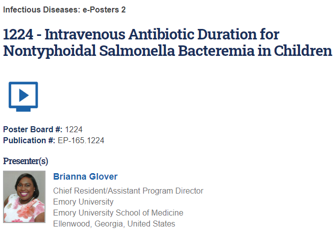 And rounding out the team, we have current chief resident Dr. Brianna Glover who presented on IV antibiotic treatment in Salmonella bacteremia. After her chief year, Dr. Glover will start Pediatric Hospitalist Fellowship at  @childrensatl and  @EmoryPediatrics! #PHM  #PedsID