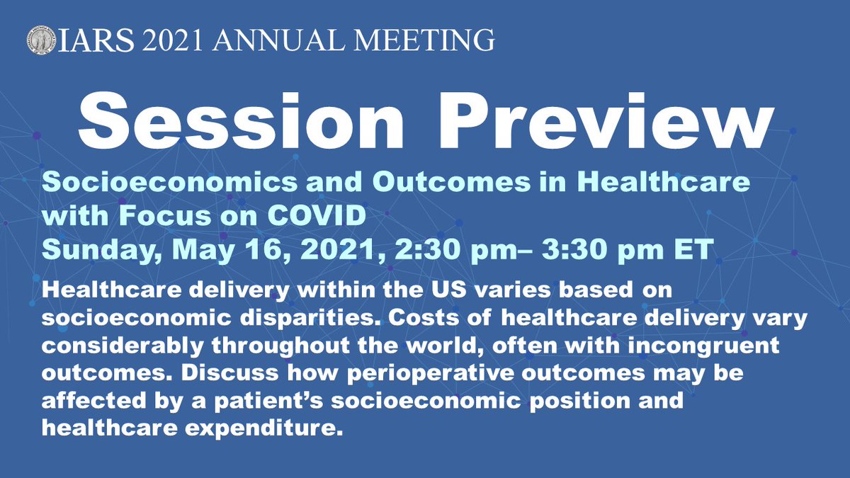 <a href="/iars360/">IARS360</a> 2021 Annual Meeting preview for Socioeconomics and Outcomes in Healthcare with Focus on COVID on May 16 at 2:30pm ET with Drs. Brigid Flynn, Elizabeth Cotter, Ibukunoluwa Adeleke, Brent Kidd &amp; Vivek Moitra. #IARS21AM <a href="/vmoitra/">Vivek Moitra, MD</a> <a href="/elizcotter/">Betsy</a> #COVID19
tinyurl.com/IARS21AMreg