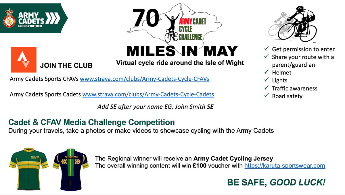Are you ready for 70 Miles in May!? The #ACF cycling challenge is on! 🚴🏿‍♂️
Join the Strava team &amp; build up the miles over the course of the month.
Share your journey via DCs &amp; Coy PROs for a chance to win an ACF cycling jersey &amp; £100 sports kit voucher!

<a href="/GLSEACF/">Greater London SE Sector ACF</a> <a href="/9selacf/">9 GLSEACF</a> <a href="/10selacf/">10 GLSEACF</a>