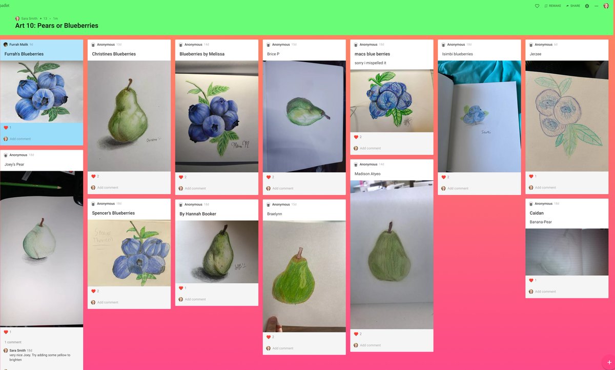 Sara Smith (@mrssmithsclass1) on Twitter photo Fellow online and visual arts teachers, I highly recommend using <a href="/padlet/">Padlet</a> with your classes for show and share, gallery views, student accountability, peer viewing, exit slips, etc. A few examples from Art 10 <a href="/EcoleMcTavish/">Ecole McTavish</a> <a href="/FMPSD/">Fort McMurray Public School Division</a> <a href="/FMPSDArts/">FMPSDArts</a> #TheFruitsOfOurLabour #colouredpencil Fellow online and visual arts teachers, I highly recommend using <a href="/padlet/">Padlet</a> with your classes for show and share, gallery views, student accountability, peer viewing, exit slips, etc. A few examples from Art 10 <a href="/EcoleMcTavish/">Ecole McTavish</a> <a href="/FMPSD/">Fort McMurray Public School Division</a> <a href="/FMPSDArts/">FMPSDArts</a> #TheFruitsOfOurLabour #colouredpencil