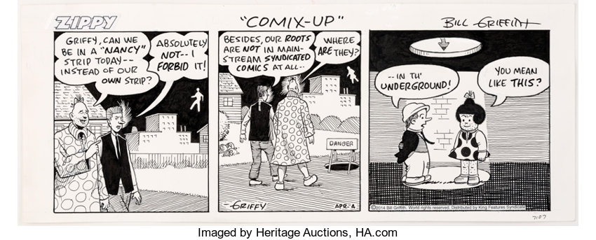 I love Bill Griffith's Zippy. The absurdity, the non-sequiturs, the play on words, the love of old comics, living breathing branding mascots... I often catch up on his daily strips and they're a great, weird comfort these days. And this example segways nicely into the next!