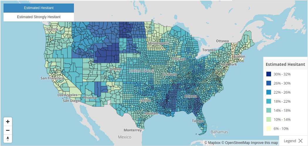 You can take a look at the original (often less grim) HHS county map of vaccine hesitancy here:  https://data.cdc.gov/stories/s/Vaccine-Hesitancy-for-COVID-19/cnd2-a6zw And for more info on the limitations behind these estimates, see this thread:  https://twitter.com/dhmontgomery/status/1389223136189501444 (5/5)