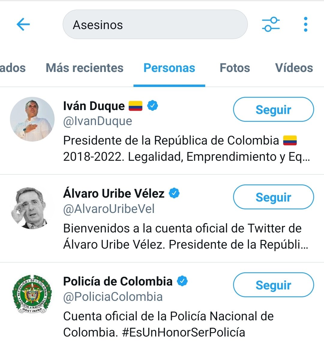 Anonymous_CO's tweet image. Si usted escribe en el buscador de Twitter "Asesinos" y selecciona "Personas" lo más probable es que estas 3 cuentas encabecen la lista. Twitter no miente.

#AnonymousColombia
#ParoNacional5M