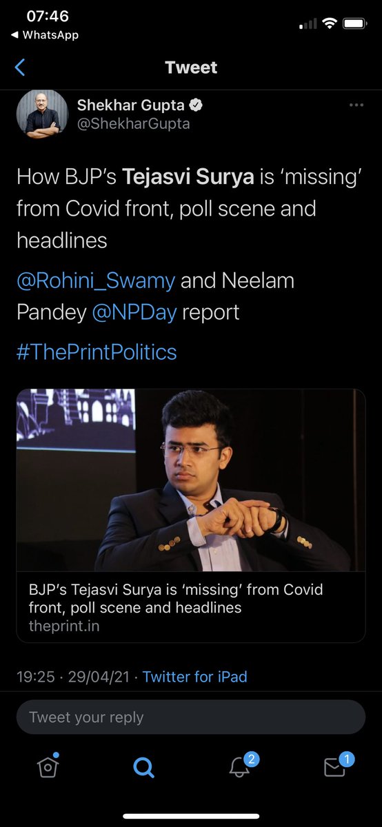 Thread on Shekhar Gupta’s attack on  @Tejasvi_Surya. On 29 Apr, Shekhar Gupta, out of the blue, accuses Tejasvi Surya of missing in action, despite knowing well that the MP was doing rounds of various hospitals in Bengaluru. Why only Tejasvi Surya? Think about it.