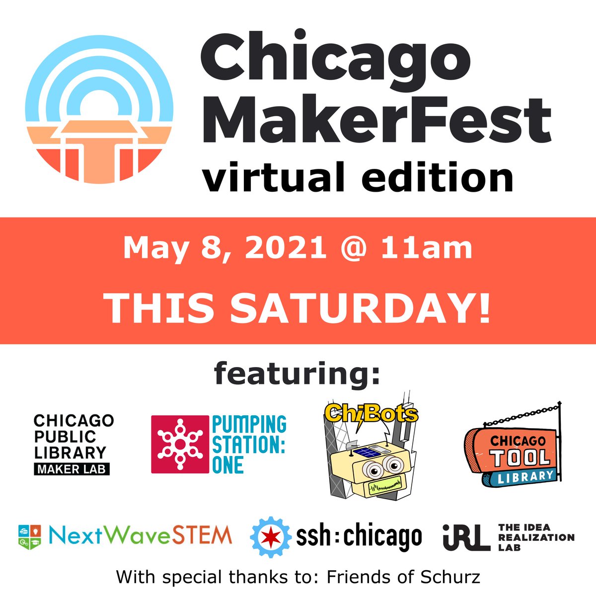 ChiMakerFest's tweet image. Introducing our partners for this Saturday&apos;s Chicago Maker Fest - virtual edition
.
#cplmakerlab @PumpingStation1 @ChiBotsOrg @ChiToolLib @Nextwavestem @sshchicago @irl_dpu @makersinchicago
.
Join us May 8 on chimakerfest.com at 11am.